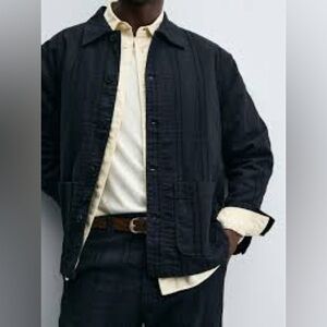 ZARA NWT Black Textured Cotton Utility Jacket Size L Structured Overshirt